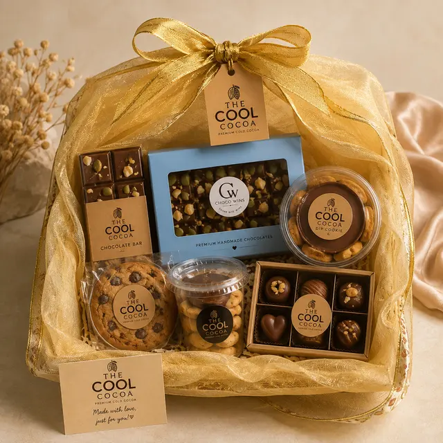 Chocolate gift hamper with cold cocoa, brownies and cookies